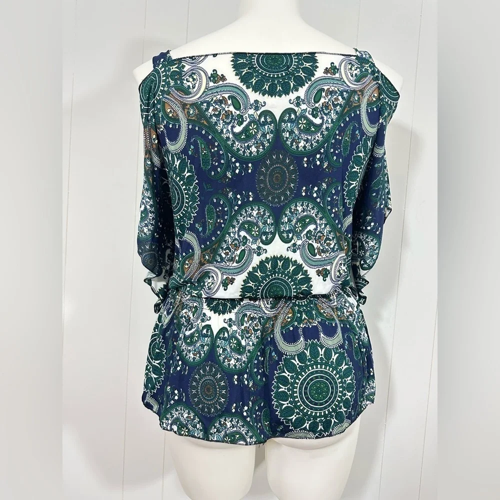 NEW Jon & Anna Top Sz L Blue Cold Shoulder Short Sleeve Casual Elastic Waist